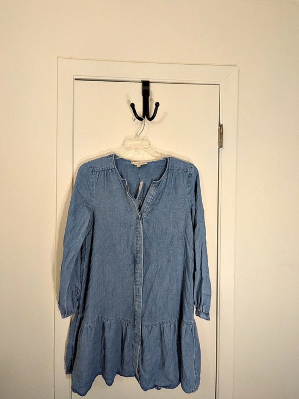 Western Chambray Button Front Ruffle Hem Dress